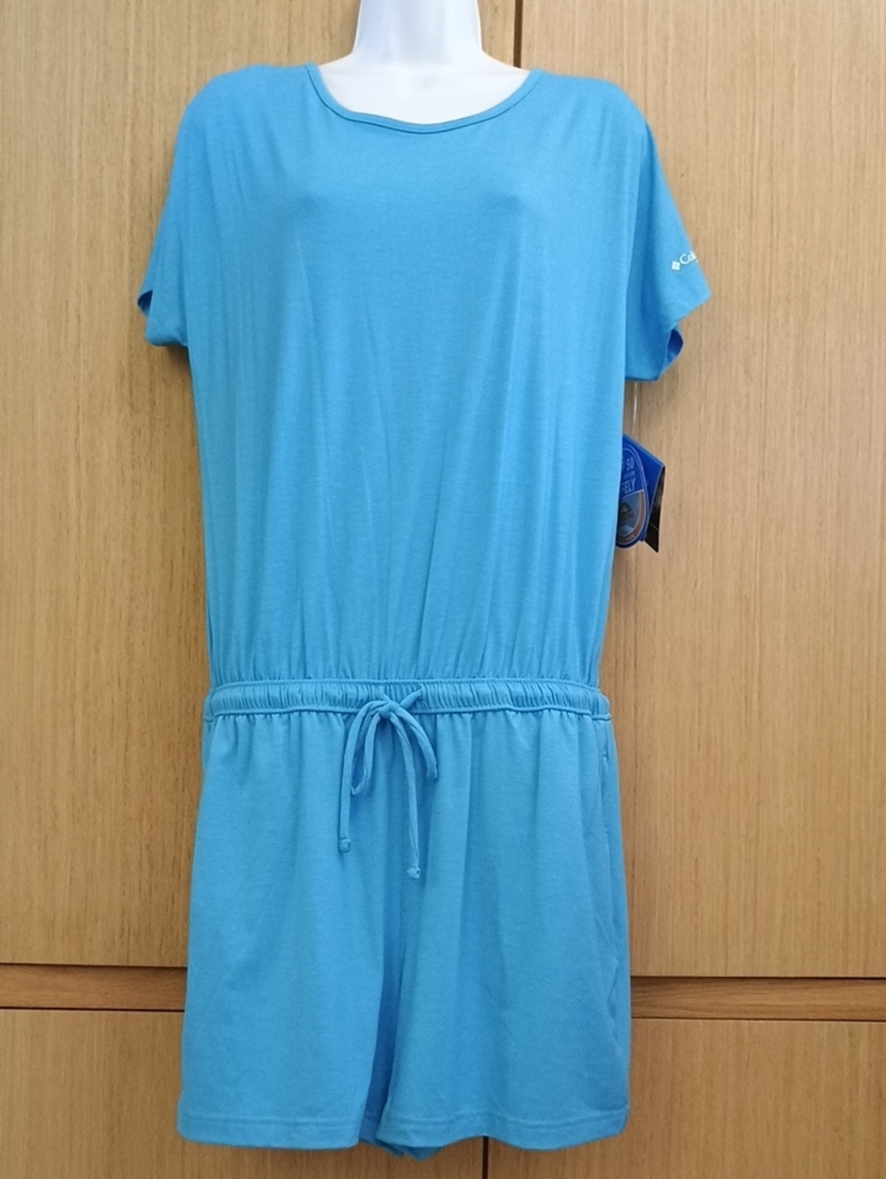 NWT Columbia SZ M Aqua Blue Short Sleeve Drawstring One-Piece Romper